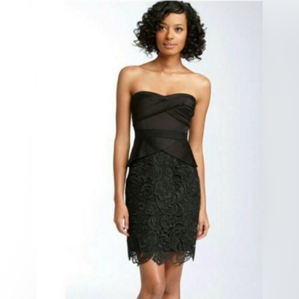 BCBGMaxAzria Strapless Black Lace Peplum Dress
